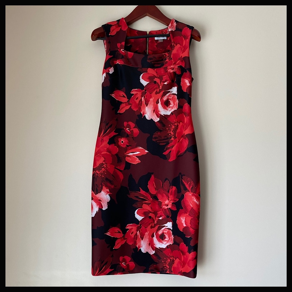 EUC Calvin Klein Curved-Neck Floral Sheath Dress Size 10